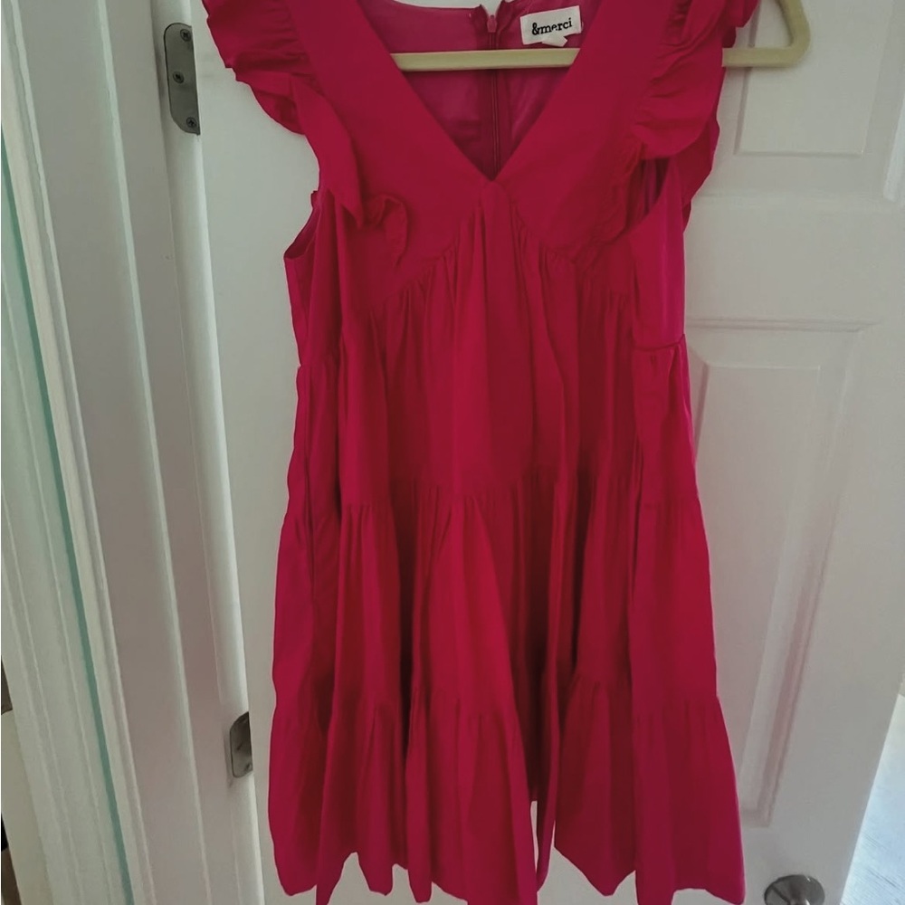 &merci Red Pleated “Baby Doll” Sundress with Flutter Sleeves